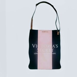 Victoria's Secret Black and Pink Vertical Stripe Shoulder Tote